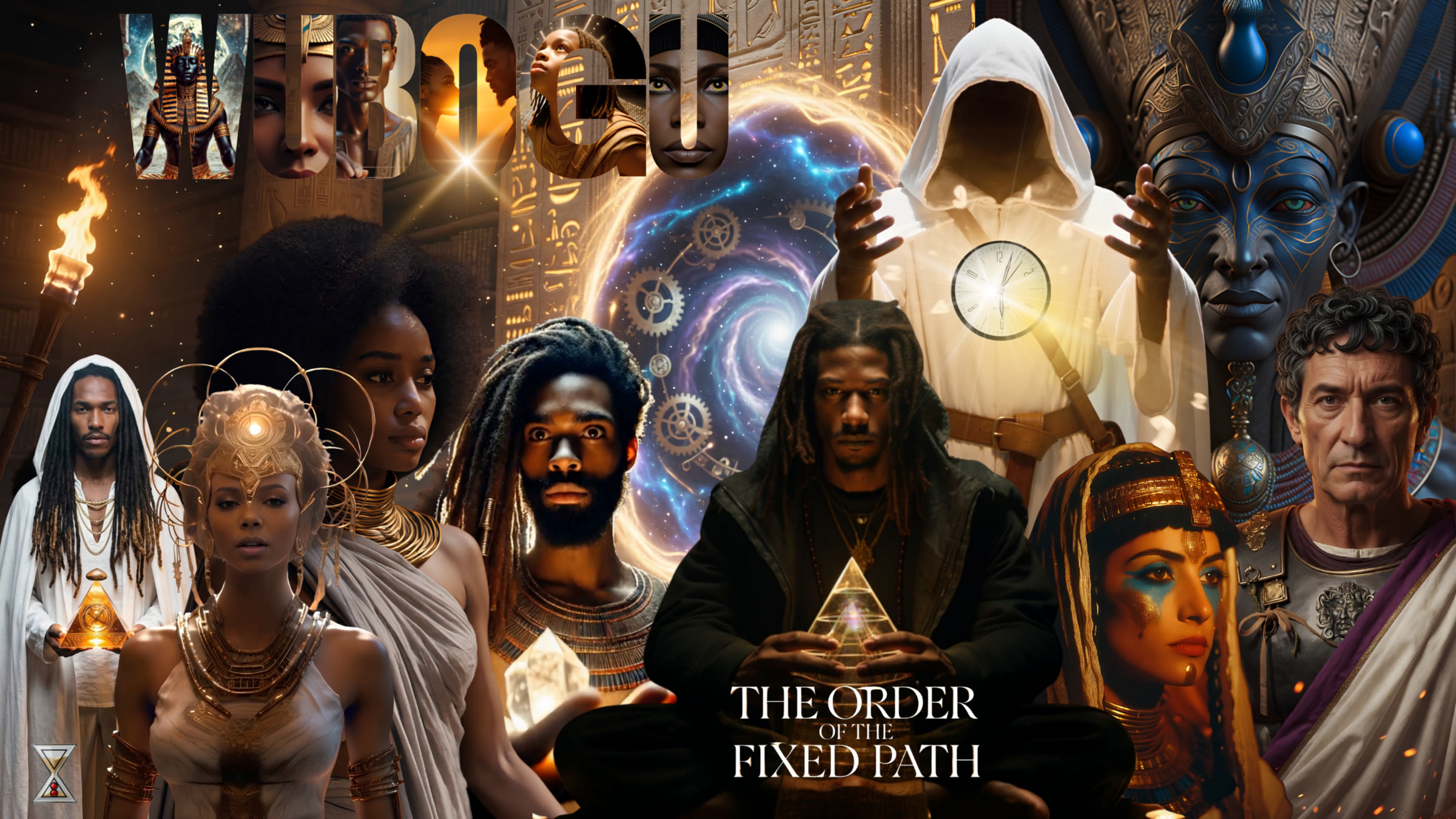 Collage titled The Order of the Fixed Path. A hooded figure in white robes with a glowing clock on the chest stands over a seated traveler holding a crystal pyramid, surrounded by Kemetic royals, a Roman general, and a spiral portal with gears.