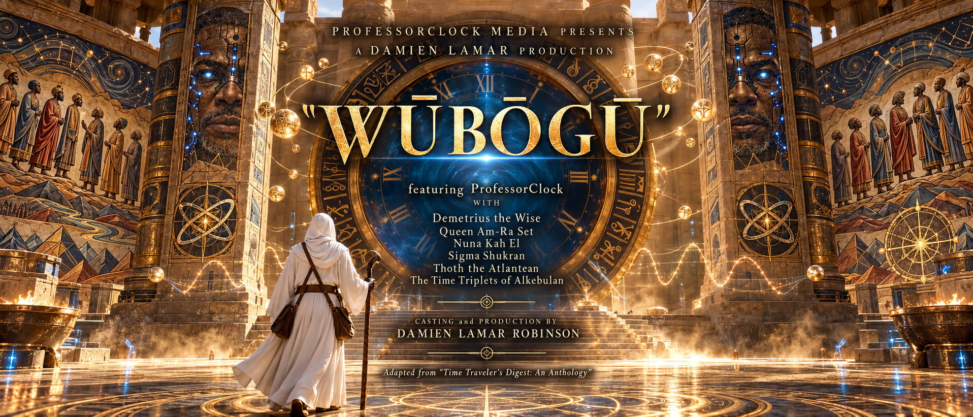 Key art. A white-robed traveler with a staff walks toward a great clock-face gate inside a gold temple. The gate carries the WŪBŌGŪ title and the cast list.