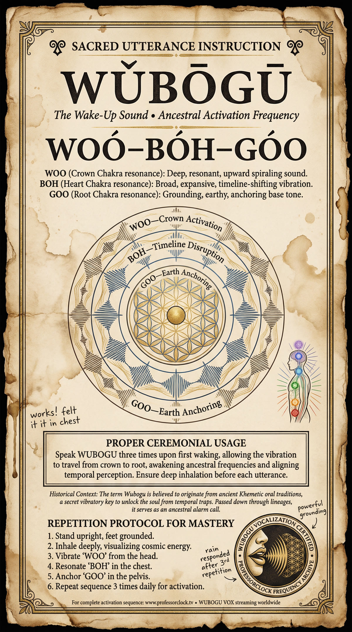 Aged parchment titled Sacred Utterance Instruction. It shows the pronunciation, the three syllables and their chakra placements, a ring diagram, and a six-step repetition protocol.